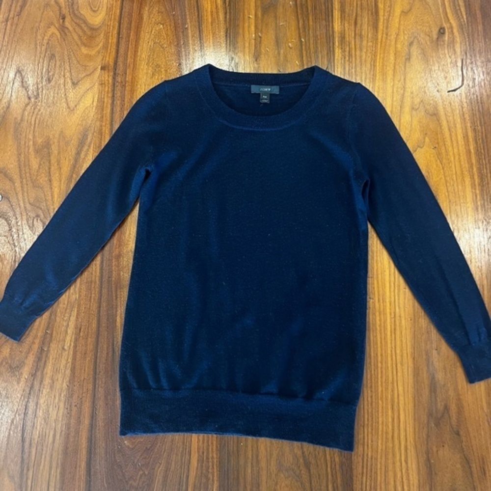J. Crew Merino Wool Tippi 3/4 Sleeve Crew Neck Sweater Petite, XS, Navy Blue
